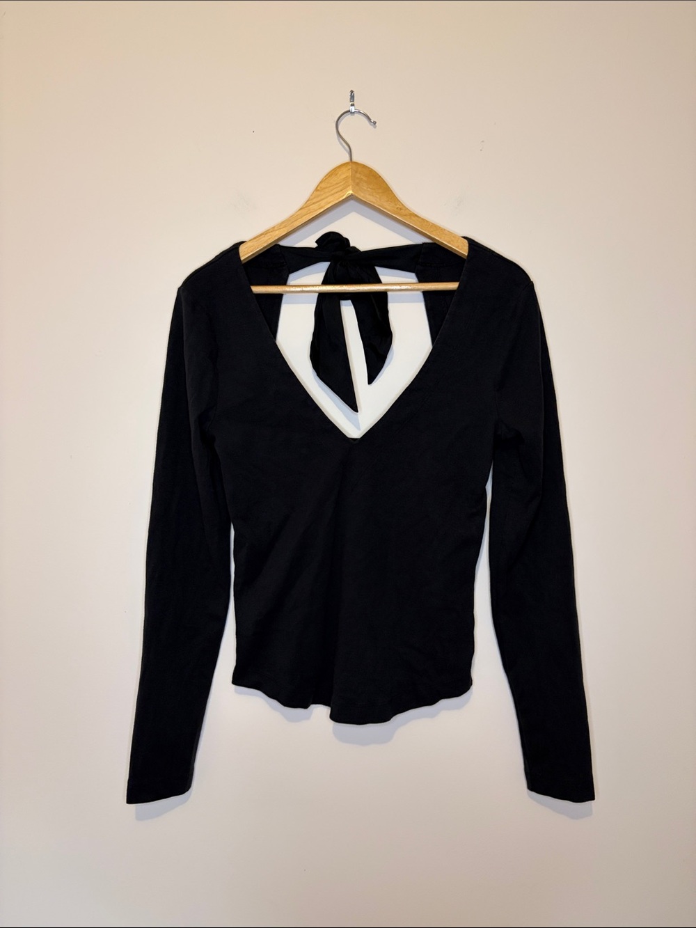 Free People Black Long Sleeve Cropped Top with Bow Tie Back Detail Size M